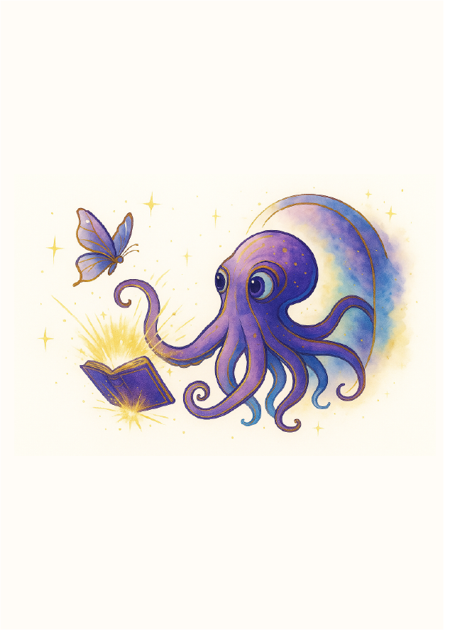 Otto, the octopus from Habituario 33, with a glowing book and a butterfly